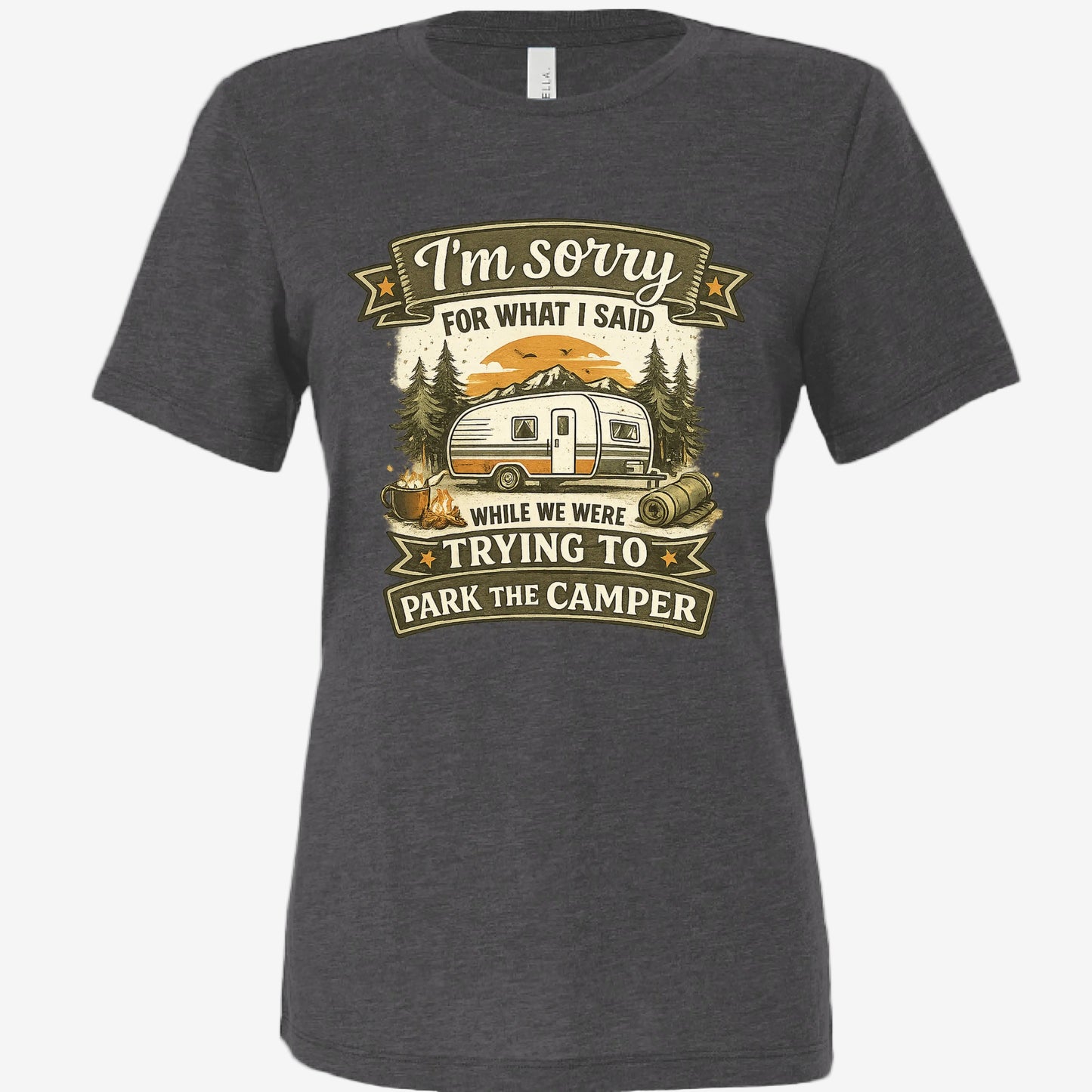 Solid Dark Sorry for What I Said While Trying to Park the RV women’s relaxed tribblend t-shirt in dark gray, front view Triblend - FRONT