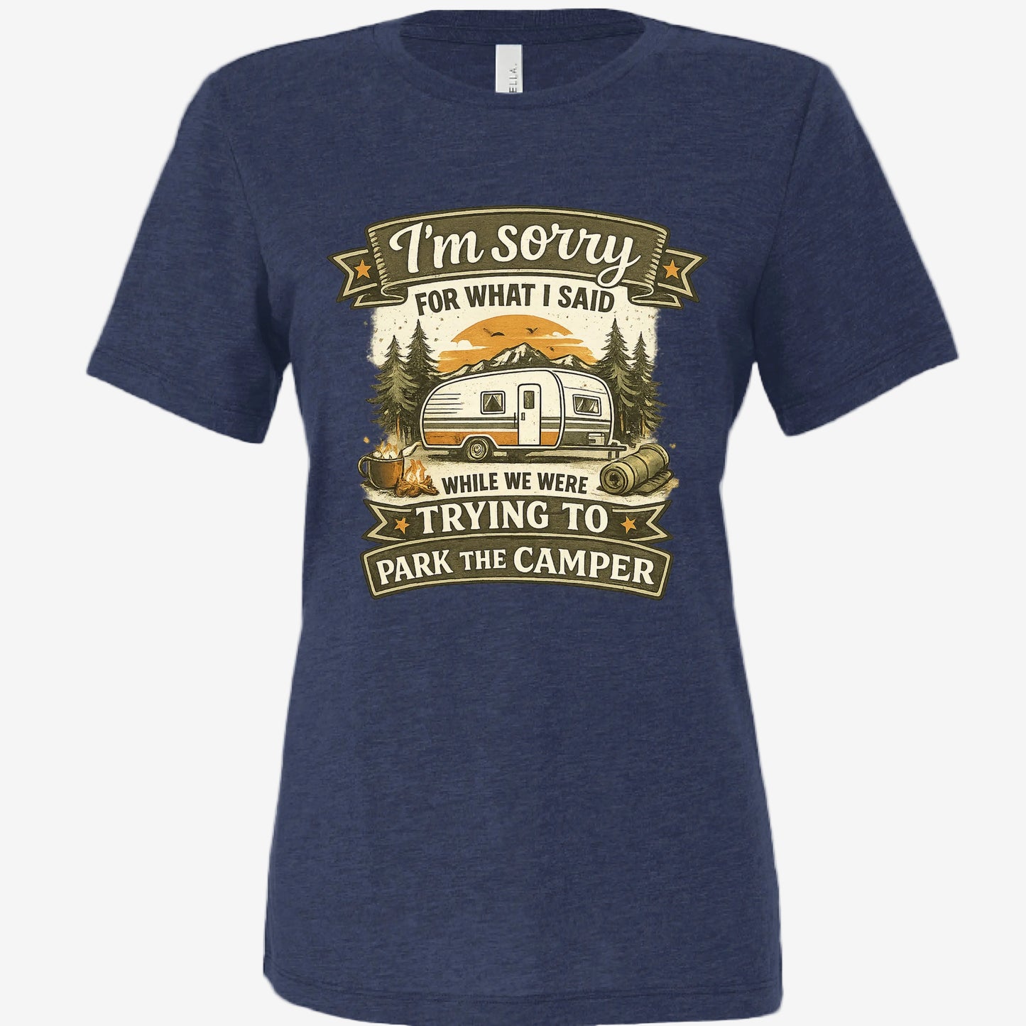 Sorry for What I Said While Trying to Park the RV women’s relaxed triblend t-shirt in navy, front view