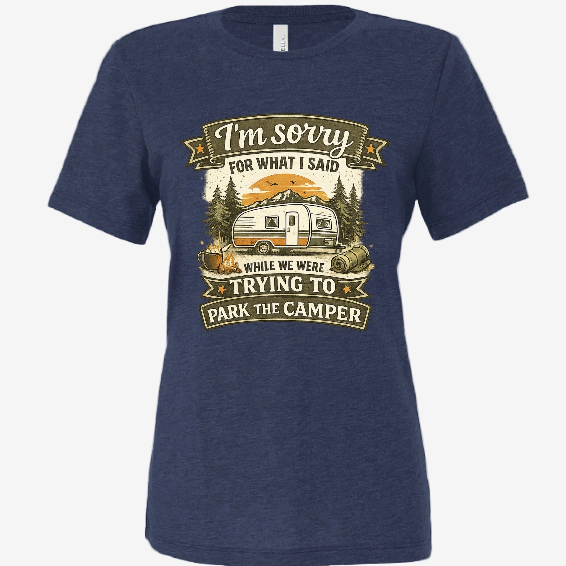 Sorry for What I Said While Trying to Park the RV women’s relaxed triblend t-shirt in navy, front view