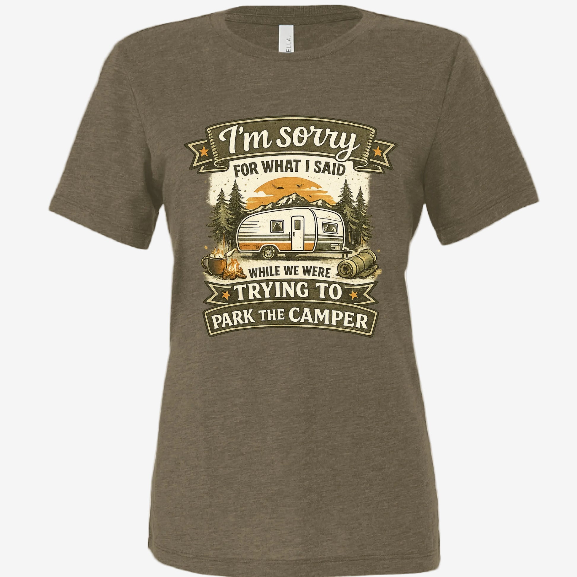 Sorry for What I Said While Trying to Park the RV women’s relaxed triblend t-shirt in olive, front view