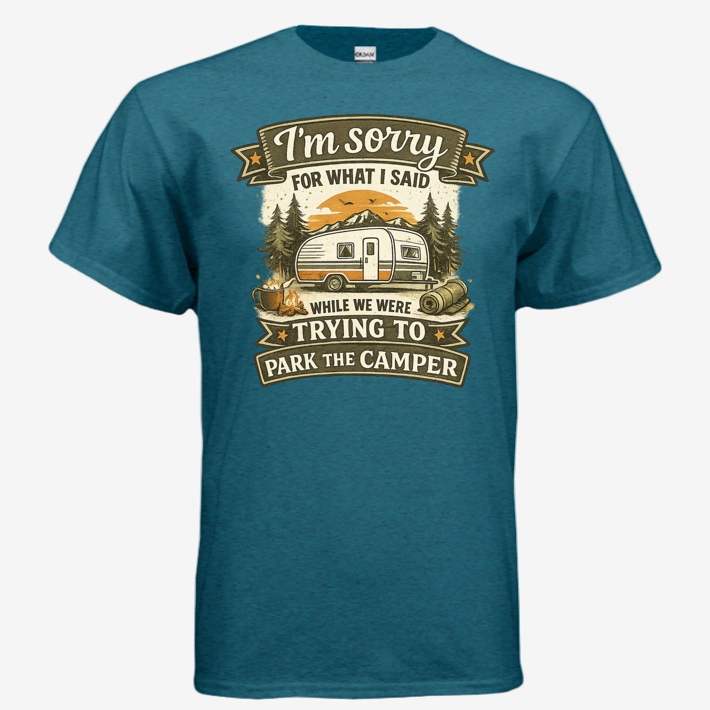 Sorry for What I Said While We Were Parking the RV unisex graphic t-shirt in antique sapphire, front view