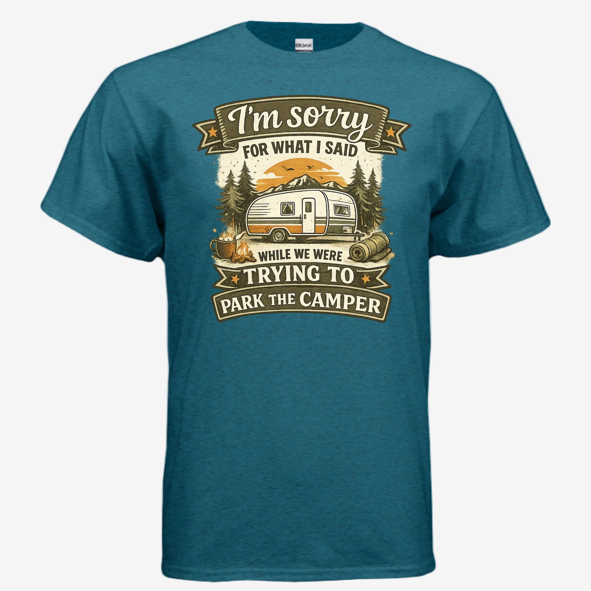Sorry for What I Said While We Were Parking the RV unisex graphic t-shirt in antique sapphire, front view