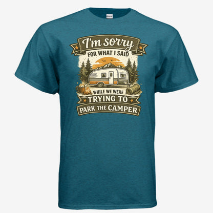 Sorry for What I Said While We Were Parking the RV unisex graphic t-shirt in antique sapphire, front view