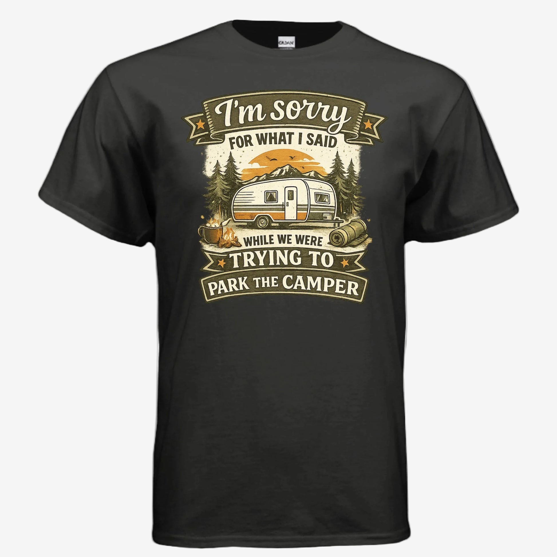 Sorry for What I Said While We Were Parking the RV unisex graphic t-shirt in black, front view