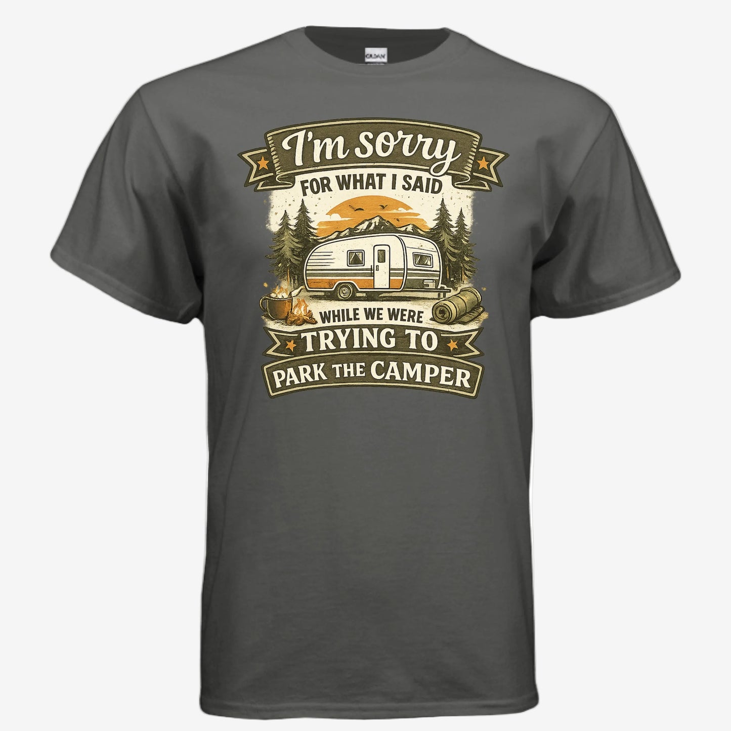 Sorry for What I Said While We Were Parking the RV unisex graphic t-shirt in charcoal, front view