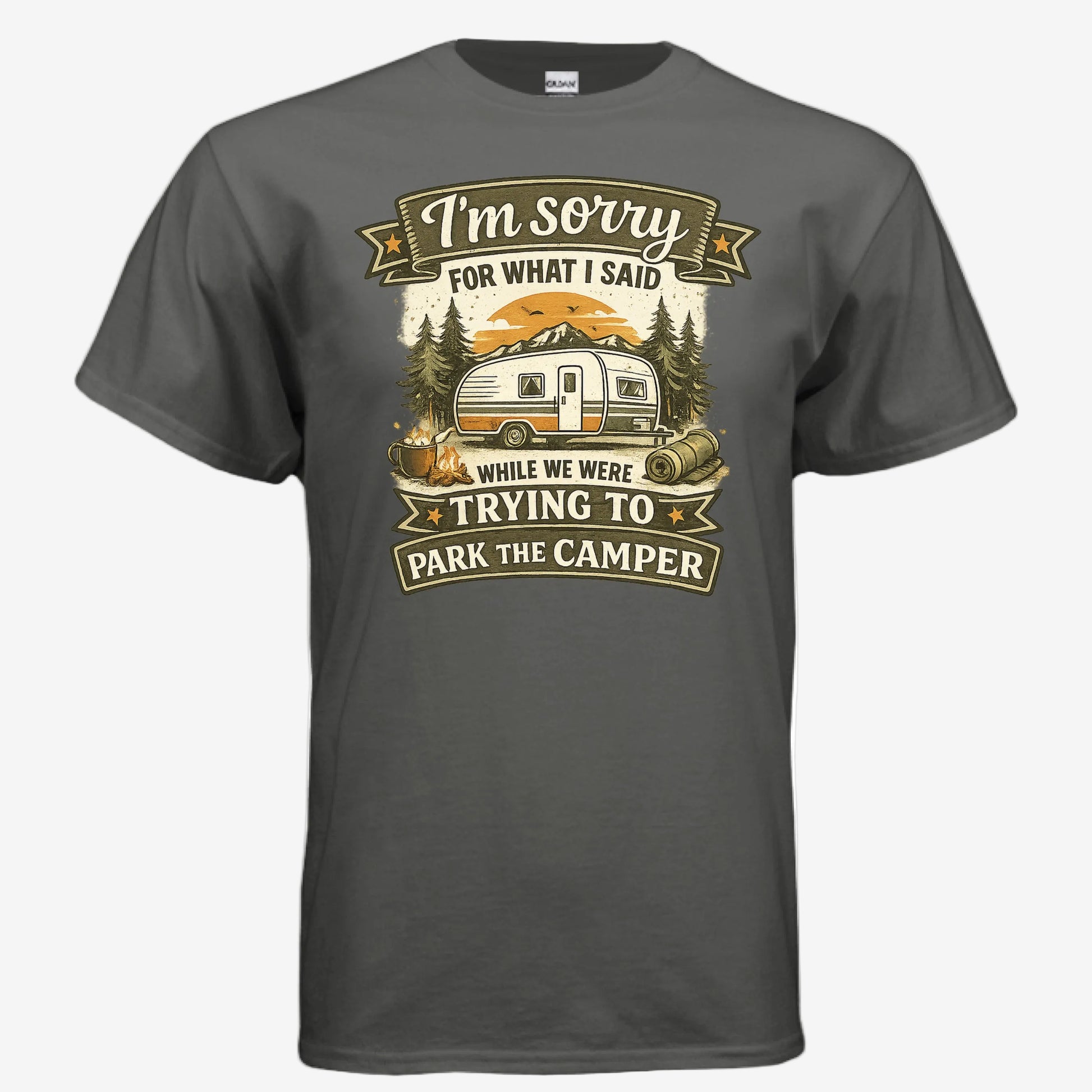 Sorry for What I Said While We Were Parking the RV unisex graphic t-shirt in charcoal, front view