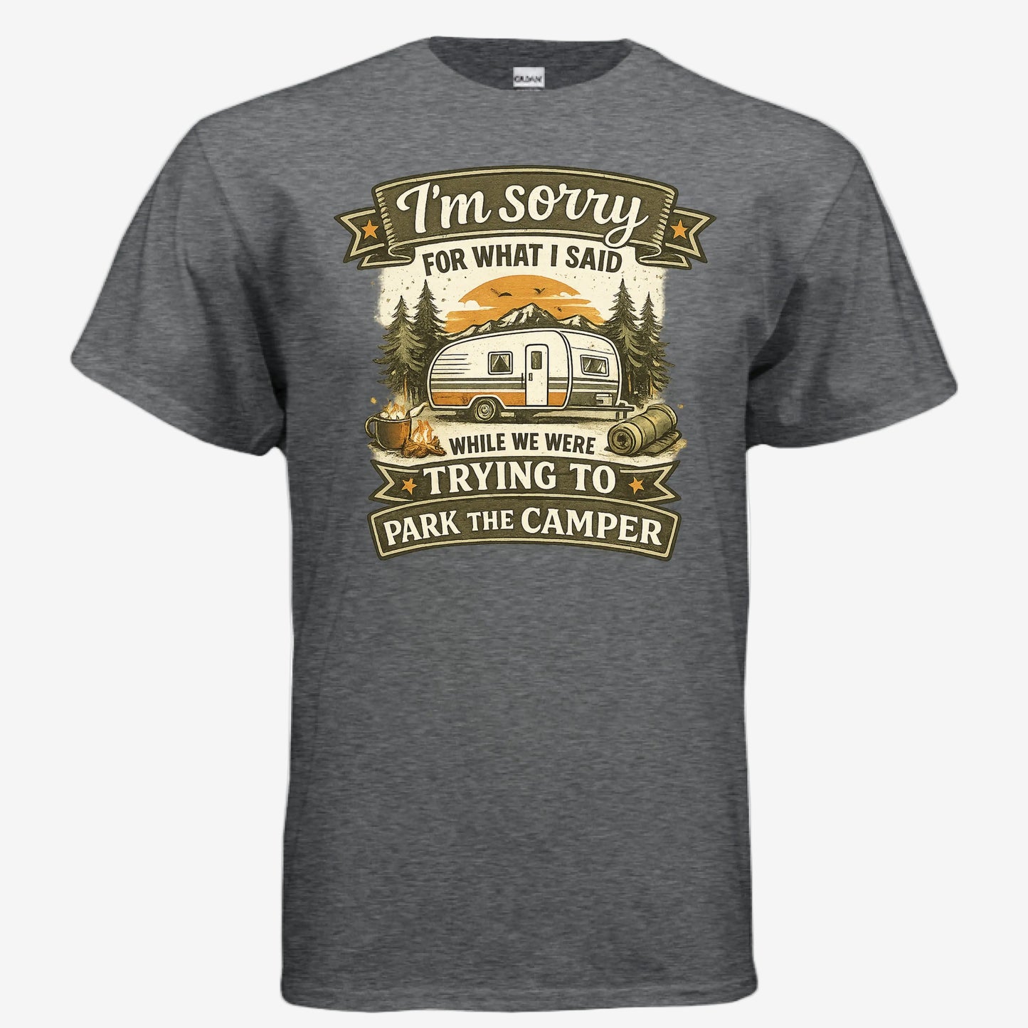 Sorry for What I Said While We Were Parking the RV unisex graphic t-shirt in dark heather, front view