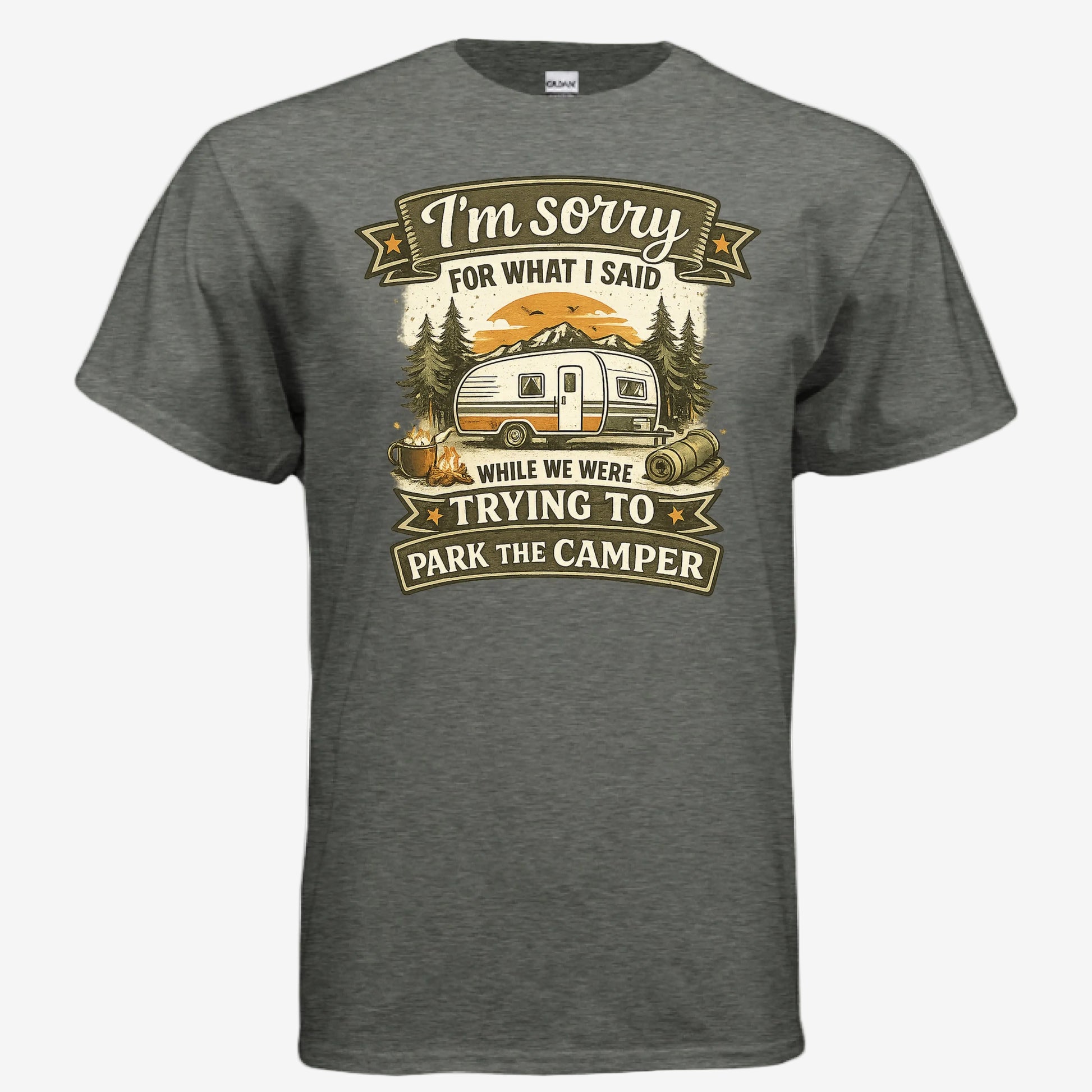 Sorry for What I Said While We Were Parking the RV unisex graphic t-shirt in heather military green, front view
