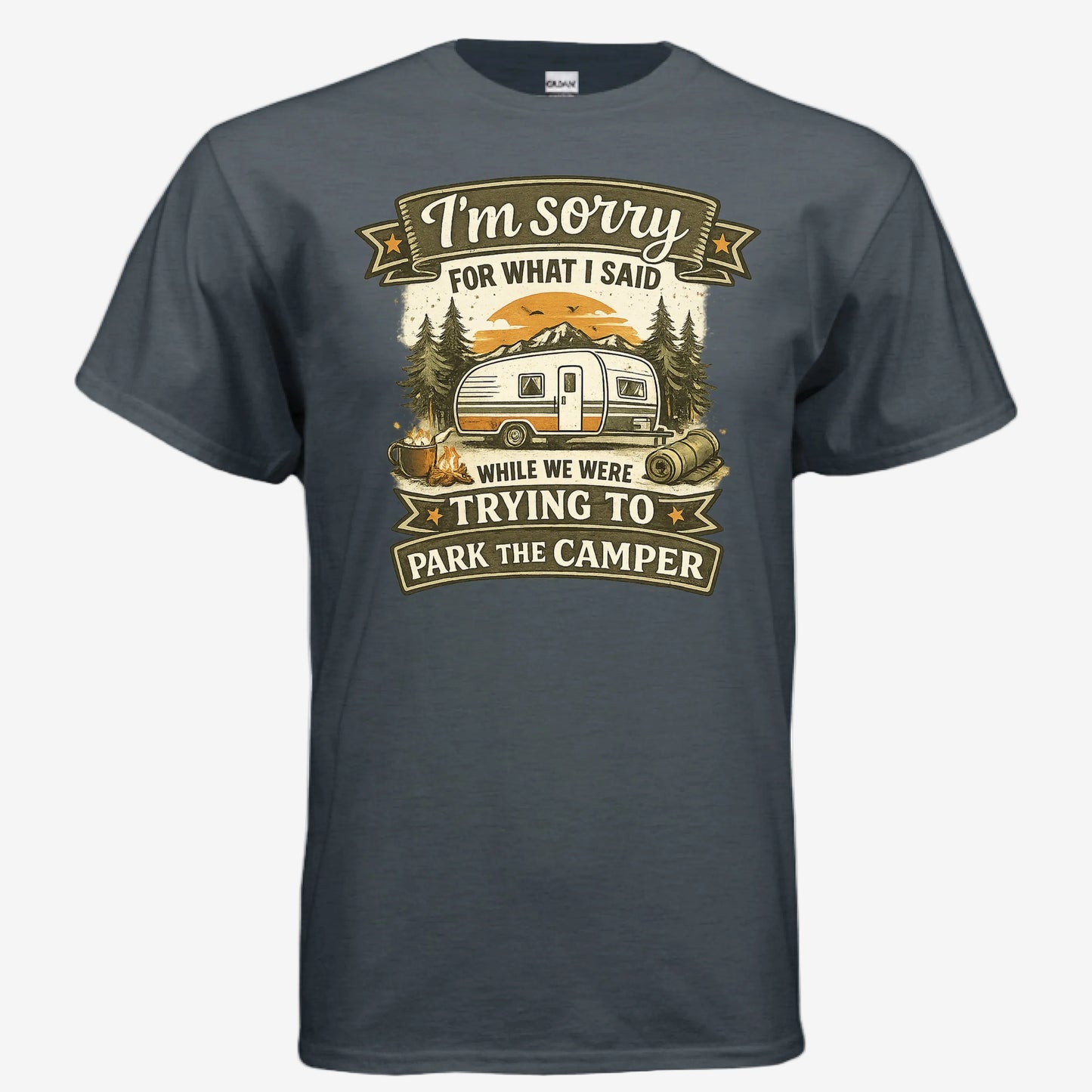 Sorry for What I Said While We Were Parking the RV unisex graphic t-shirt in heather navy, front view