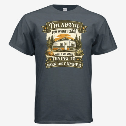 Sorry for What I Said While We Were Parking the RV unisex graphic t-shirt in heather navy, front view