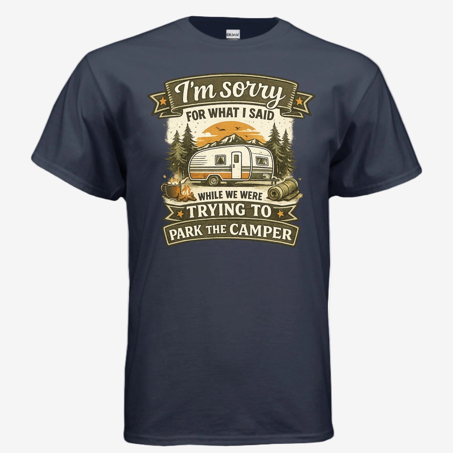 Sorry for What I Said While We Were Parking the RV unisex graphic t-shirt in navy, front view