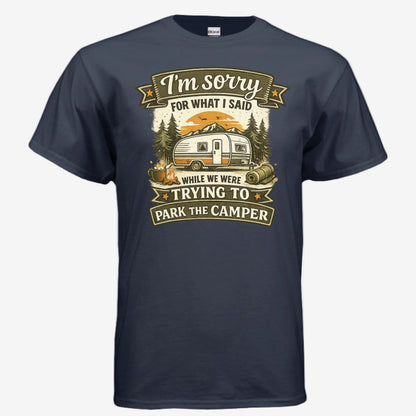 Sorry for What I Said While We Were Parking the RV unisex graphic t-shirt in navy, front view