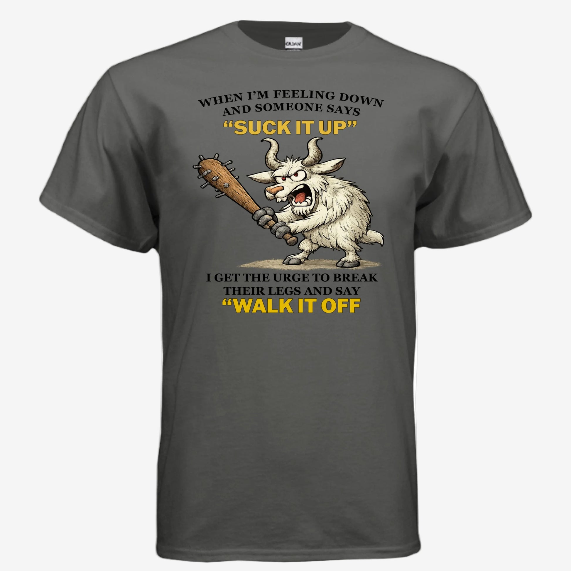 Suck It Up and Walk It Off unisex graphic t-shirt in charcoal, front view
