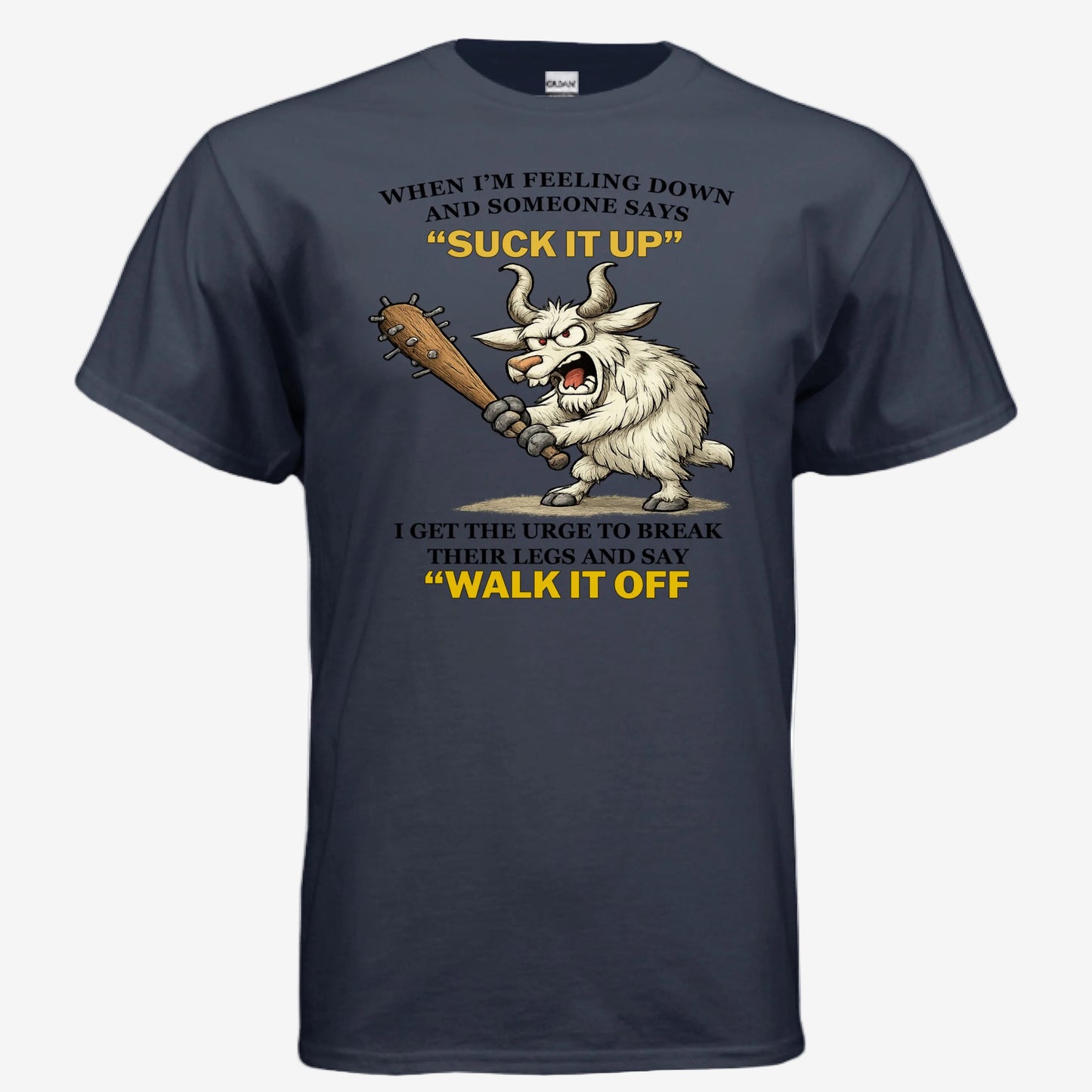 Suck It Up and Walk It Off unisex graphic t-shirt in navy, front view