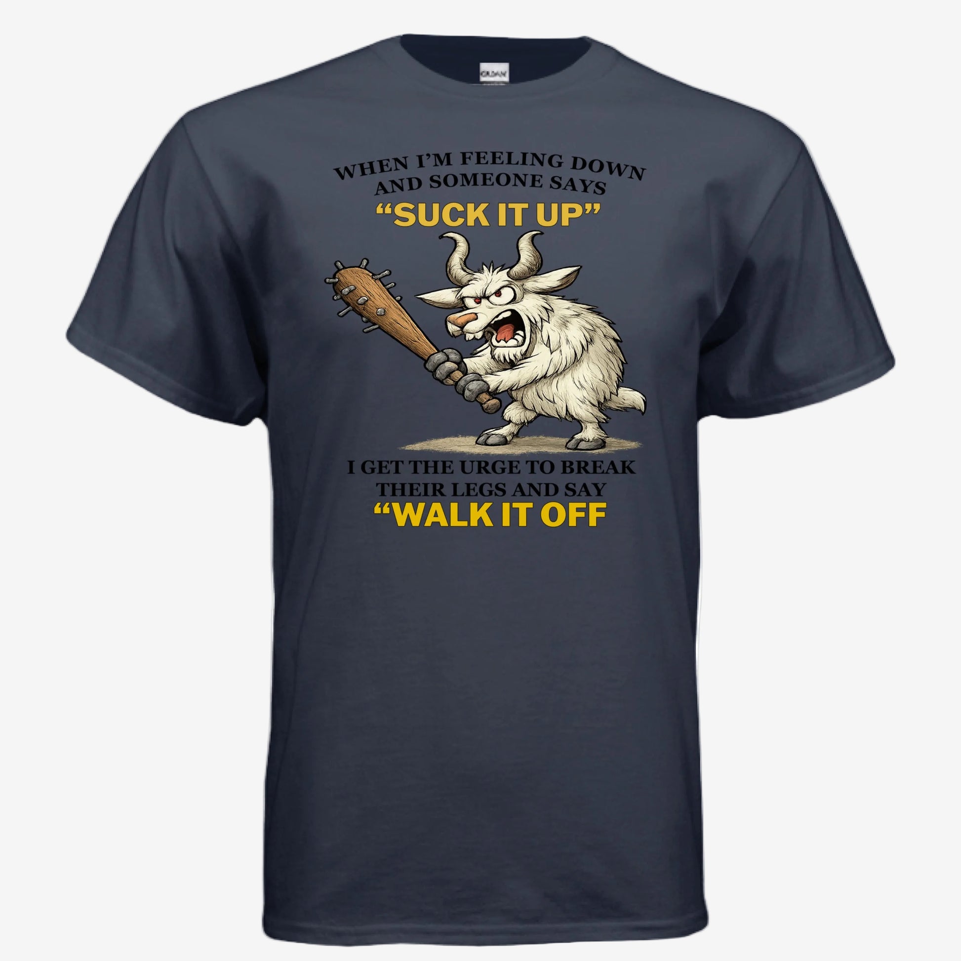 Suck It Up and Walk It Off unisex graphic t-shirt in navy, front view