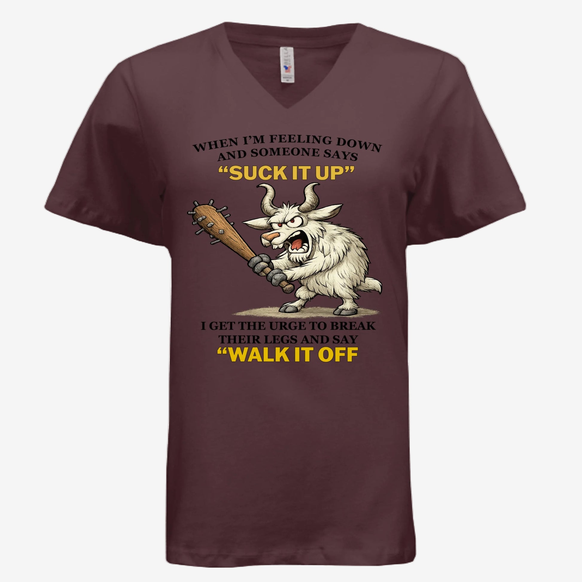 Suck It Up and Walk It Off women’s v-neck graphic t-shirt in maroon, front view