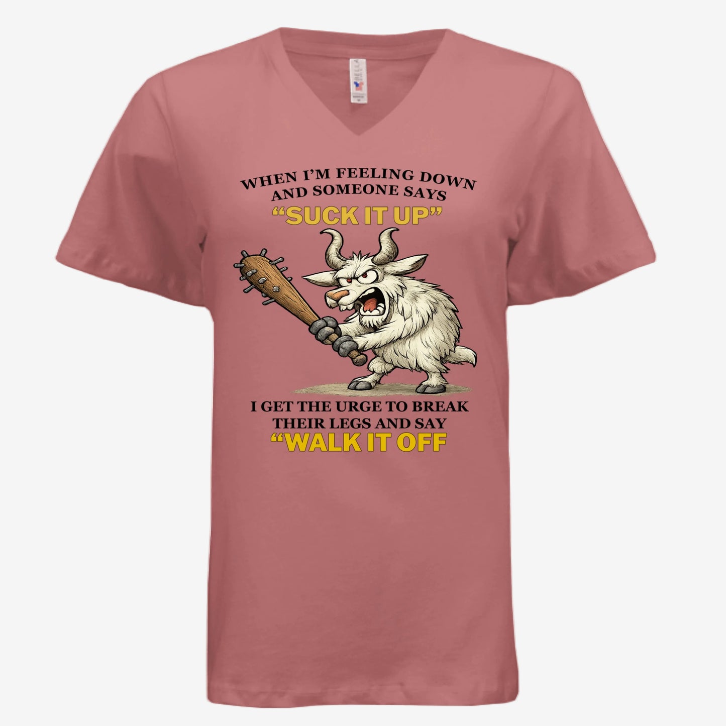 Suck It Up and Walk It Off women’s v-neck graphic t-shirt in mauve, front view