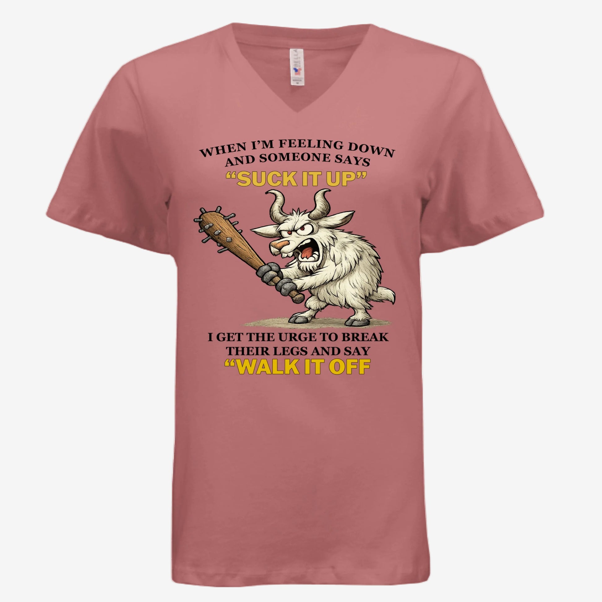 Suck It Up and Walk It Off women’s v-neck graphic t-shirt in mauve, front view