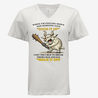 Suck It Up and Walk It Off women’s v-neck graphic t-shirt in natural, front view