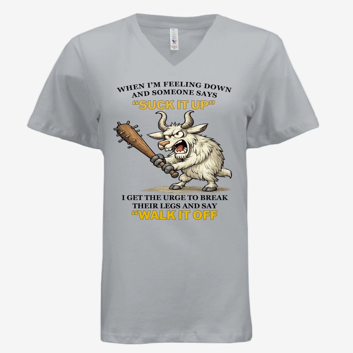 Suck It Up and Walk It Off women’s v-neck graphic t-shirt in silver, front view