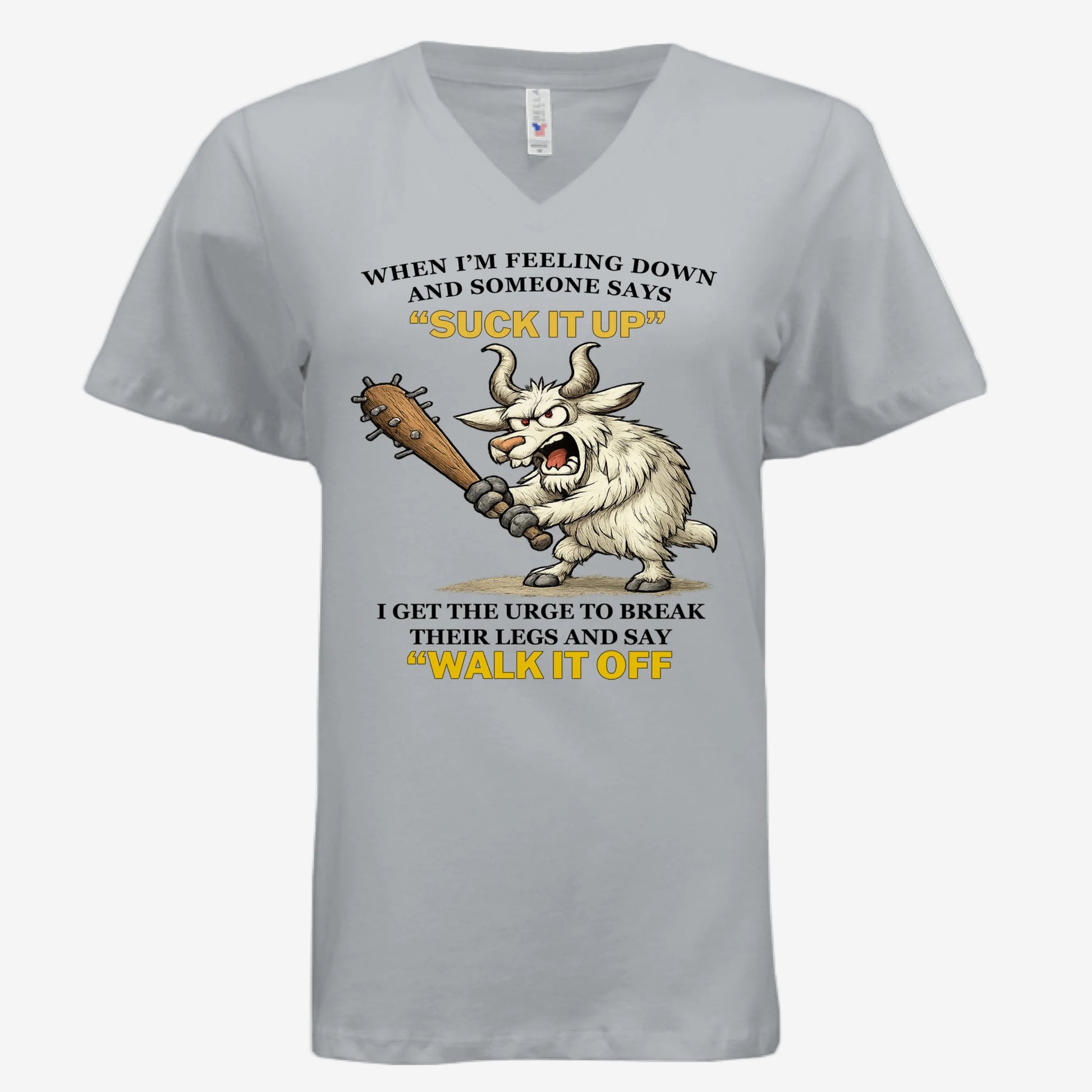 Suck It Up and Walk It Off women’s v-neck graphic t-shirt in silver, front view