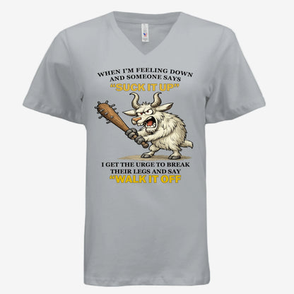 Suck It Up and Walk It Off women’s v-neck graphic t-shirt in silver, front view