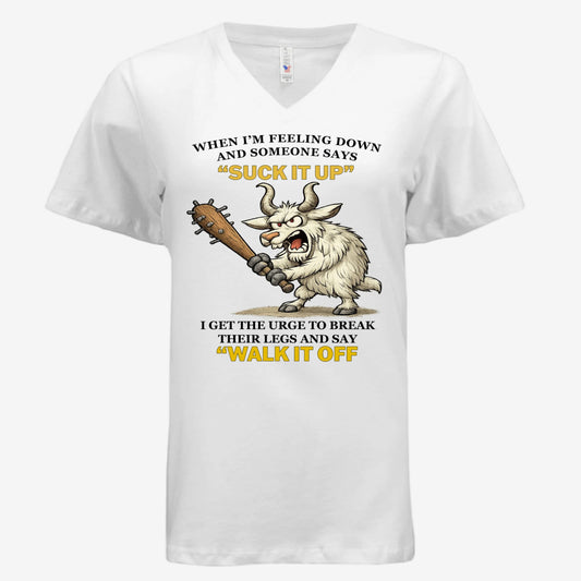 Suck It Up and Walk It Off women’s v-neck graphic t-shirt in white, front view